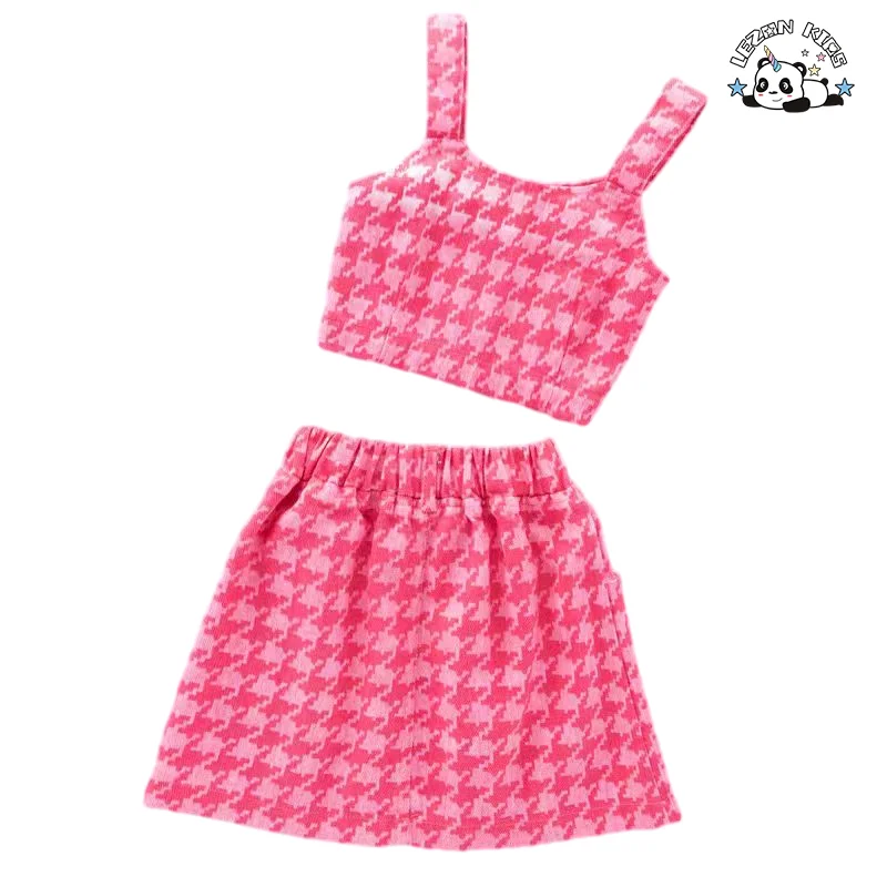 LEZONKIDS - Atacado de Alta Qualidade Conjunto de Roupas de Meninas Personalizadas com Alças de Espaguete e Botões e Saia com Bolsos